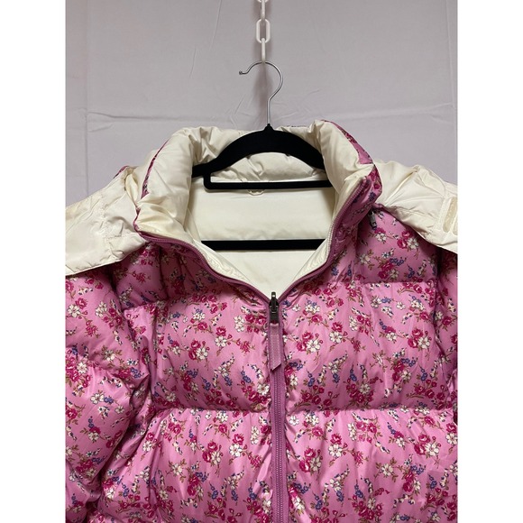 Lands End Women Pink Floral Puffer Jacket Hooded Down Fill Size L 14-16 - Picture 3 of 8